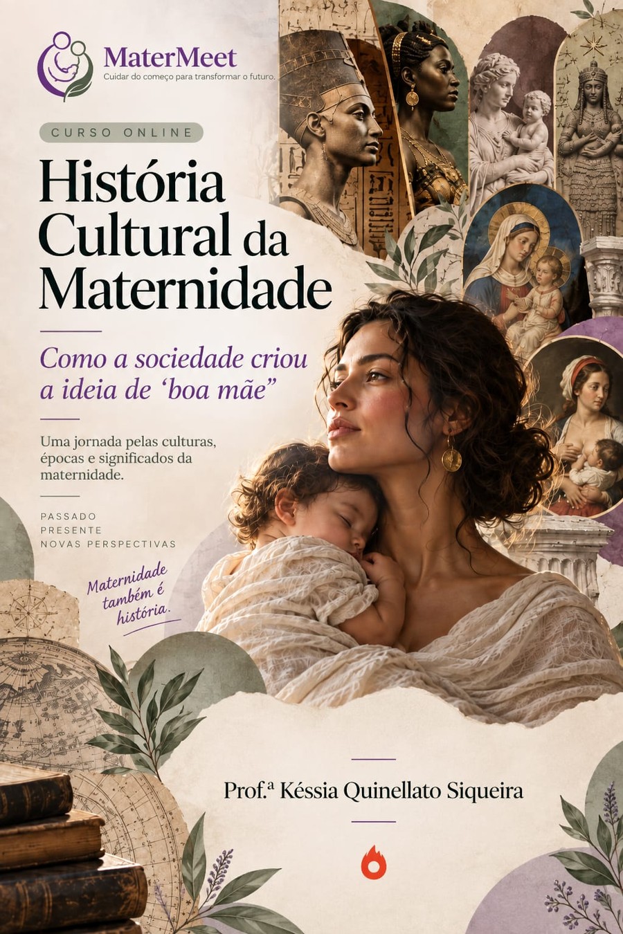 Capa do curso História Cultural da Maternidade, com uma mãe e seu bebê em meio a representações históricas da maternidade