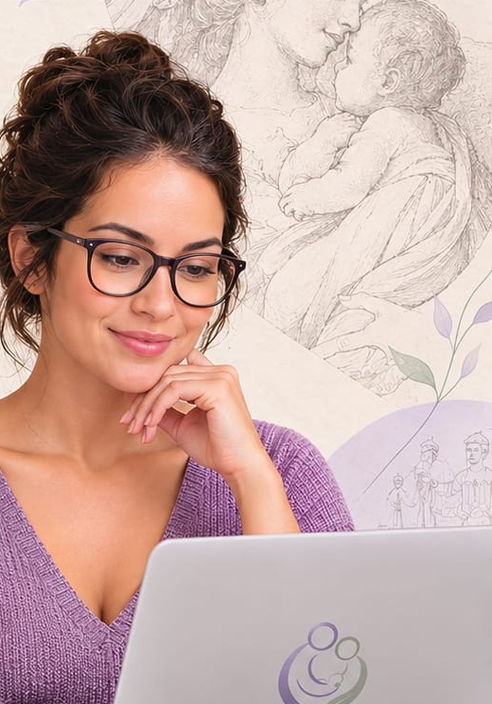 Mulher estudando no computador o curso História Cultural da Maternidade