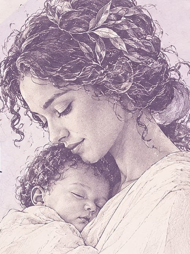 Ilustração de uma mãe com seu bebê ao colo, no traço da identidade MaterMeet